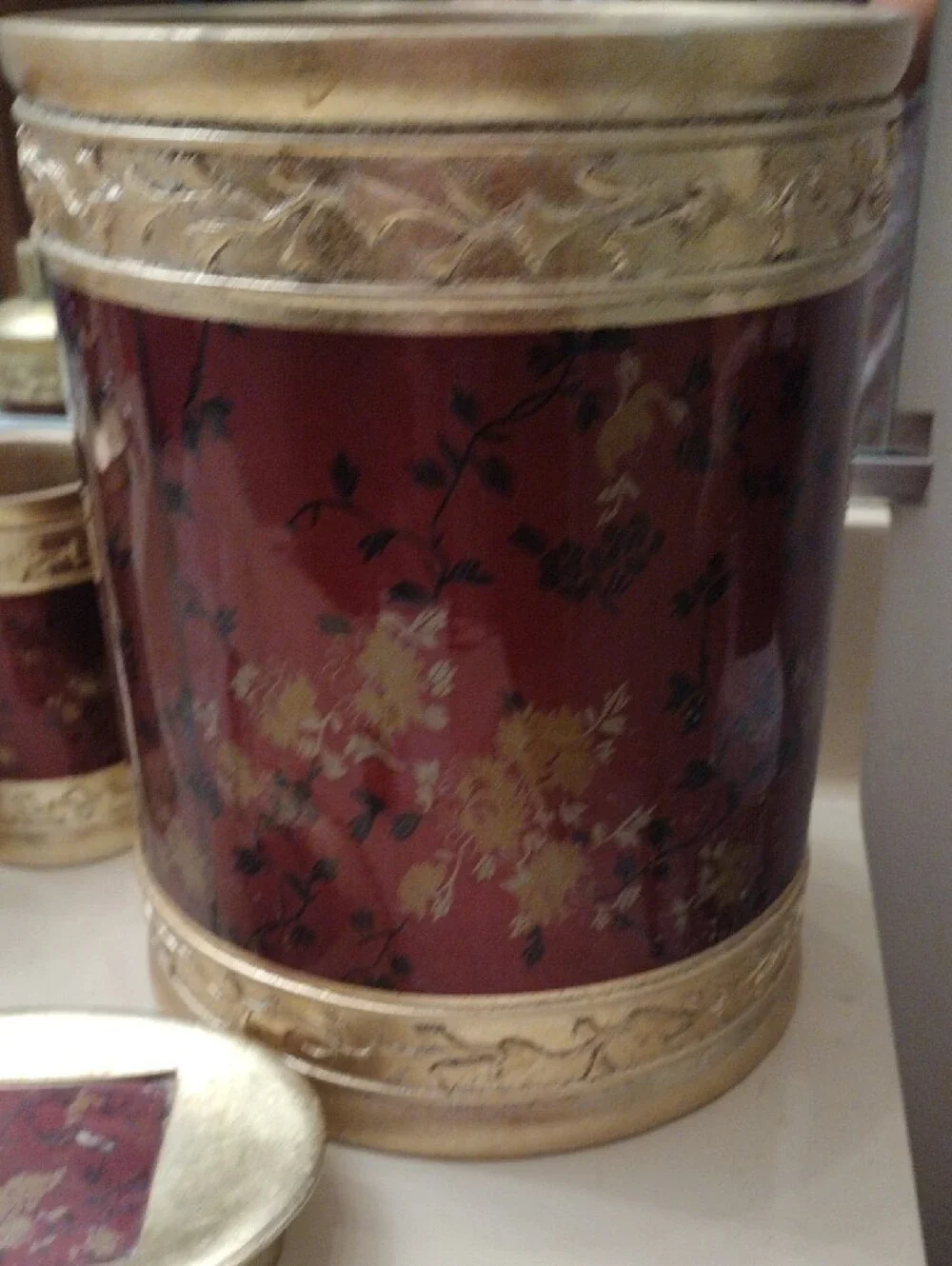 Set of 4 Gold & Burgundy Floral Bathroom Accessory Set lotion, soap dish, tumble